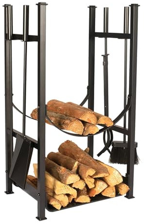 Étagère à bois de chauffage d'extérieur à 2 niveaux avec ensemble d'outils – Empileur de bûches pour intérieur/extérieur Parfait pour les feux de camp de ferme et le camping Solution de stockage