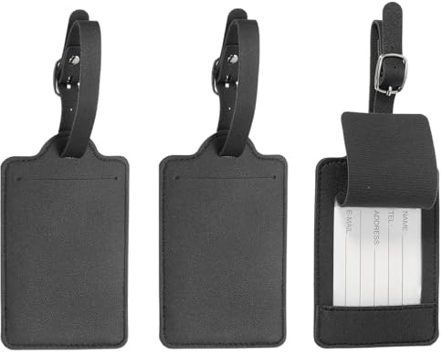 3 Pack Luggage Tags – Black Synthetic Leather Suitcase ID Labels with Card Holder, Water-Resistant Baggage Tags for Travel (11x7cm)