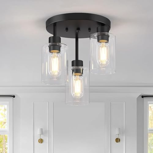Farmhouse Ceiling Light Fixture, Feanron Black Semi Flush Mount Ceiling Light Fixtures with Clear Glass Shade, Vinatge Ceiling Pendant Lamp for Kitchen Living Room Bedroom