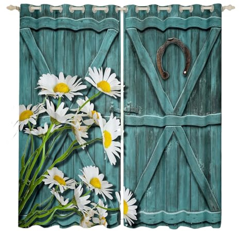 Homewish Türvorhang mit Gänseblümchen-Motiv, 86 x 203 cm, rustikales Blaugrün, Scheunentür, Sichtschutzvorhänge, Western-Scheunenholz, Garagentor, Schranktür, Vorhang für Schlafzimmer, Wohnzimmer, 1
