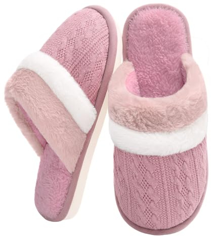 Xnova Pantoufles Femme Confortables, Chaudes Chaussons avec Mémoire Mousse Peluche Chauds Accueil Pantoufle Antiderapant Slippers d'intérieur et d'extérieur (Rose, 46-47)