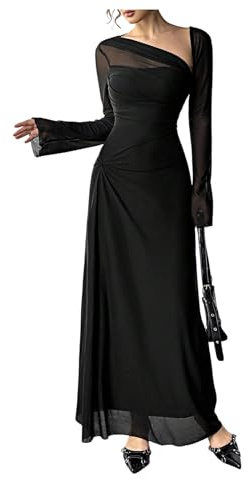 GORGLITTER Women's Asymmetrical Mesh Long Sleeve Party Dresses Ruched A Line Flared Maxi Evening Club Dress Black L
