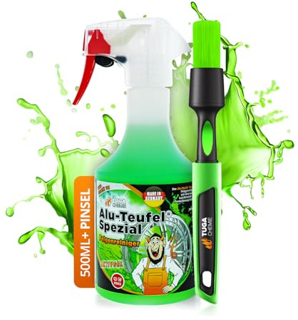 TUGA Alu-Teufel Spezial 500 ml Felgenreiniger Aktiv-Gel - Made in Germany - für glänzende Alufelgen dank säurefreier Schmutzentfernung, grün und original Tuga Felgenpinsel