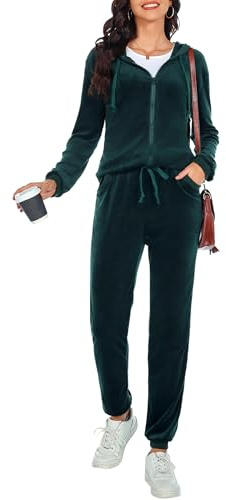 Aottori Tuta Donna da Ginnastica in Velluto Tute Sportiva Casual Pigiami Set 2 Pezzi Felpa con Cappuccio e Pantaloni Jogging Invernale Sportwear Comoda Verde Scuro M
