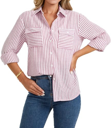 Enmain Camisa Mujer Rayas Lino Manga Larga Cuello V Blusas Verano Mujer Elegante con Botones Informal para Oficina Trabajo y Fiesta S-2XL
