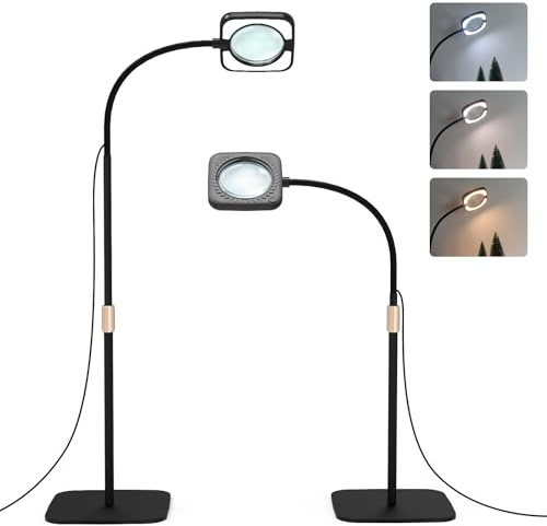 Loupe avec lumière et support - Lampe sur pied 8 LED avec 3 réglages de température de couleur - Lampe loupe avec 56 LED à intensité variable pour la lecture, les personnes âgées, les loisirs créatifs