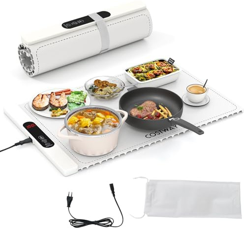 RELAX4LIFE Chauffe-Plat Électrique en Silicone Enroulable avec 6 Températures Réglables 50-100℃ et Minuteur 1-2-4H, Sangle Auto-Agrippante, Sac de Rangement pour Buffets Fête Voyage Réunions, Blanc