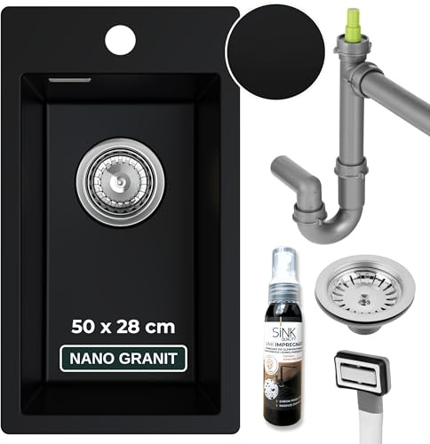 SINK QUALITY Küchenspüle klein schwarz 28x50 cm - Spülbecken schmal mit Siphon und Imprägniermittel - Granitspüle klein für Unterschränke ab 40 cm - Einbauspüle aus Granit