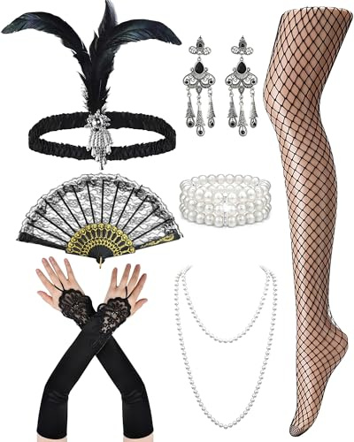 PartyforU 20er Jahre Kostüm Damen Faschingskostüme Karneval 20s Accessoires für Frauen 7er Set Flapper Ausrüstung Kopfband Perlenbesetzte Halsketten Ohrringe Armband Handschuhe Handfächer