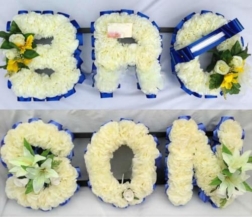 Silky Bouquets Son and Bro 3 Letter Funeral Tribute Package Pair – Personalized Silk Flower Word Tributes with Carnations & Cluster | Custom Memorial Flowers for Graves & Funerals