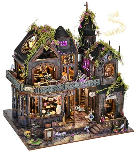 ETKVR Miniature Dollhouse Kit, DIY Mini House Kit for Adult | 3D Wooden Puzzle Book Nook Kit, Diorama Building Bookshelf Decor with Music Box, Gifts for Family Friends - Magic Castle