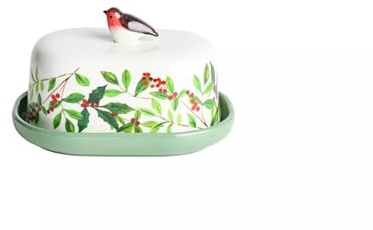 Stoneware Butter Dish with 3D Robin Design, Decorative Holly Pattern, Cream