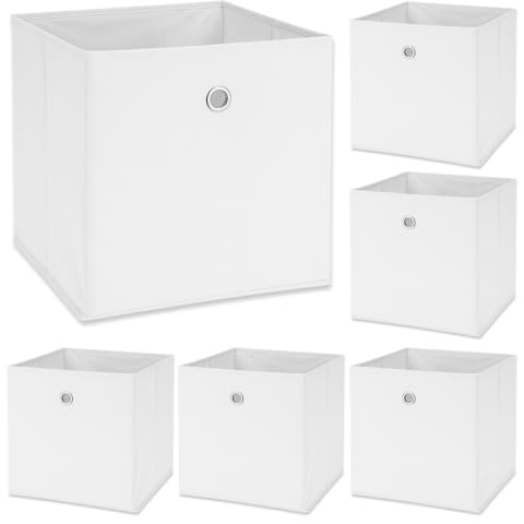 Murago 6er Set Faltbox ca. 30x30x30 cm - Weiß - Würfel Aufbewahrungsbox faltbar Aufbewahrungskörbe Deko Korb Boxen Wohnzimmer Stoff für Kleidung Büro Regalkorb Klappbox Schlafzimmer Box