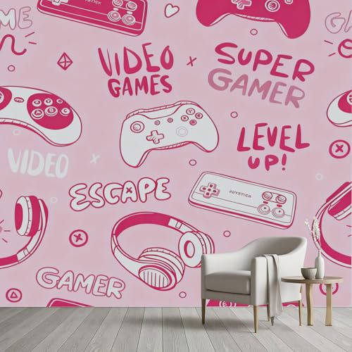 Pggong Papier Peint Panoramique Gamepad Gamer Gaming écouteurs Rose Papier Peint Garçon Fille Adolescent Poster Tapisserie Mural Film Adhesif Meuble pour Chambre Décoration Murale 100x100 cm