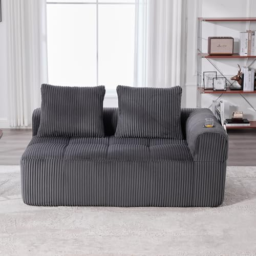 BNUZ Cord-Stoff Zweisitzer Sofa, Dunkelgrau, Ohne Montage, weiche Rückenkissen, seitliche Aufbewahrungstasche für Fernbedienung und Handy, integrierter Getränkehalter