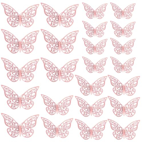 PAITOK Calcomanías de pared de mariposa 3D para dormitorio de niños, 24 unidades en 3 tamaños, calcomanías de pared de mariposa para decoración del hogar, decoración de bodas y fiestas (oro rosa)