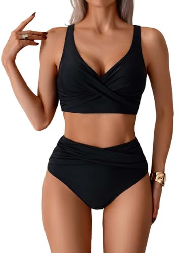 Amexo Bikini Mujer Conjunto Sexy Cintura Alta De 2 Piezas Push up Cuello en V Talle Alto Bañadore Traje de Baño Conjunto Bañador Control de Vientre de Cintura