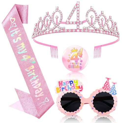 OLOSONG 4th Birthday Party Accessories Set - 4 Pcs Glitter Sash and Crown Kit with & Badge, Happy Birthday Sunglasses, 4th Birthday Decorations Gifts