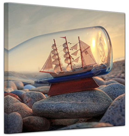 Keilrahmenbild Buddelschiff - Schiff in der Flasche IV - 80x80 cm quadratisch Keilrahmenbilder Bilder als Leinwanddruck Fotoleinwand Landschaften Küste - Dreimaster im Sonnenuntergang