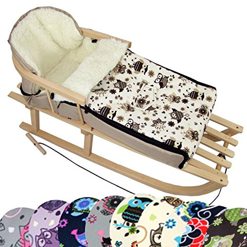 BAMBINIWELT Kombi-Angebot Holz-Schlitten mit Rückenlehne & Zugseil + universaler Winterfußsack (90cm), auch geeignet für Babyschale, Kinderwagen, Buggy, aus Wolle im Eulendesign