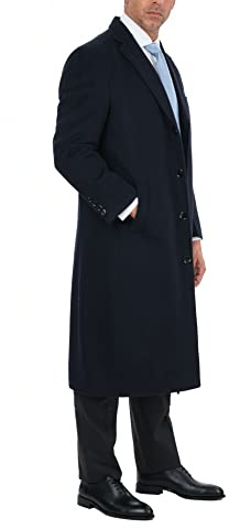 THE SUIT DEPOT Mens Regular Fit Solid Navy Full Length Wool Cashmere Blend Overcoat Top Coat-36R