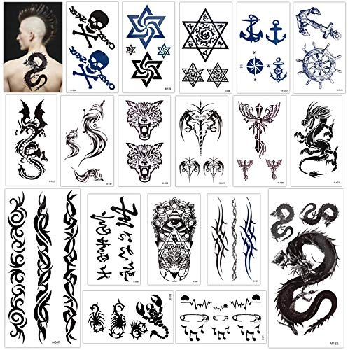Konsait 18 fogli finti tatuaggi temporanei neri impermeabile Tatuaggio Temporaneo Tattoo Sticker per adulti uomo donna bambini,lupo, Drago, Cranio