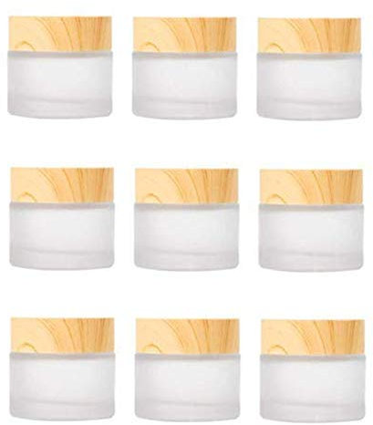 Healthcom 10 PCS 10 Grams/10 ML Jars Frosted Glass Cosmetic Cream Jar Bottle with Wood Grain Lid Empty Cosmetic Containers Refillable Glass Face Cream Pot for Makeup Lip Balms Eyeshadow