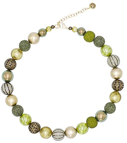 Feliss Handmade: Ketten aus Perlen, Halskette Damen. Statement Kette 45 cm lang in Boho Style. Choker Halsband, aesthetic Necklace Schmuck. Beads Perlenkette für Frauen in grün mit Lavaperlen