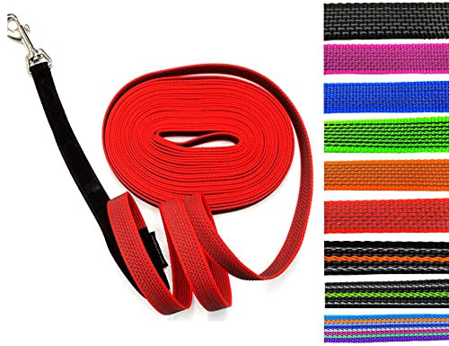 Schleppleine gummiert MIT RUCKDÄMPFER 1m - 30m / 20mm breit/für mittlere und große Hunde MIT/OHNE Handschlaufe (30m MIT Handschlaufe, Rot gummiert)