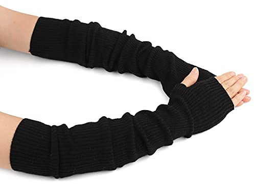 F Flammi kashmir blandad armvärmare vinter fingerlösa handskar stickade vantar handskar handledsvärmare med tumhål för kvinnor, Svart (60 cm), M