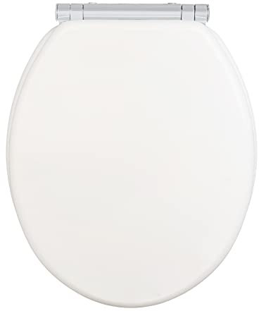 WENKO WC-Sitz Morra, Toilettensitz mit durchgehendem Scharnier und Absenkautomatik aus mehrfach lackiertem FSC-zertifiziertem MDF, WC-Deckel mit Fix-Clip Hygienebefestigung, 35 x 42 cm, Weiß matt