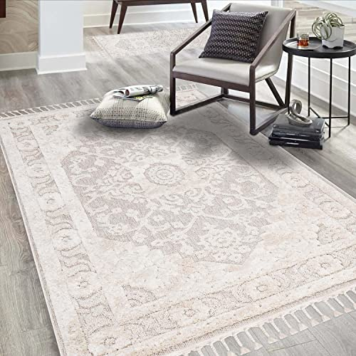 carpet city Teppich Wohnzimmer Boho-Stil Creme - 140x200 cm - Ornamente, Bordüre - Relief-Optik, 3D-Effekt - Cut-&Loop, Sisal - Moderne Fransen-Teppiche Schlafzimmer