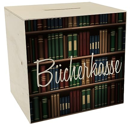 Bücherkasse Spardose aus Holz für Leseratten Sparbüchse mit Bücherregal Bibliothek Geschenk für Vielleser schönes Motiv hochwertig verarbeitet Sparen auf Bücher