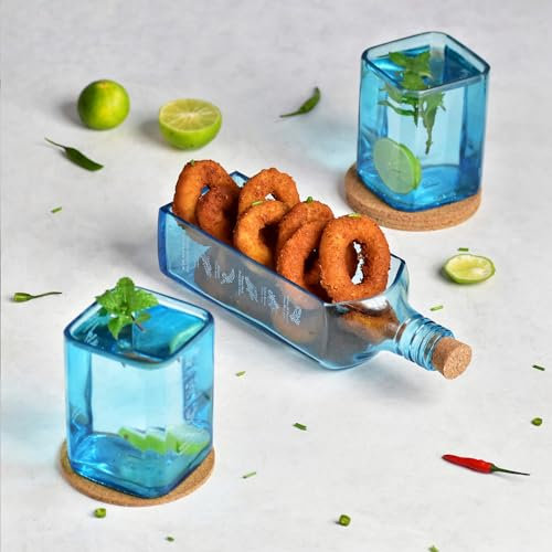 GoGiftid Upcycled Serving Platter Set Created Using Gin Bottle | Recycled Blue Glass Platter with Gin Bottle Tumblers | Barware Gift Set for Cocktails, Cheese & Appetisers (Blue)