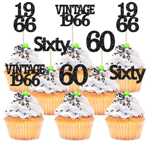 Gyufise 24Pcs Vintage 1966 Cupcake Toppers Cheers to 60 Fabulous Sixty Cupcake Picks Decorations for 60th Birthday Wedding Anniversary Party Cake Decorations Supplies Black