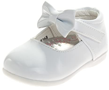 Josmo Baby Walking Shoes - Kids Girl Mary Jane Flats - Formal Dress Shoes - Newborn Infant Walker Moccasins Crib Bow Knot First Step Patent Slip-On Christening (White) (Size 6 Infant)