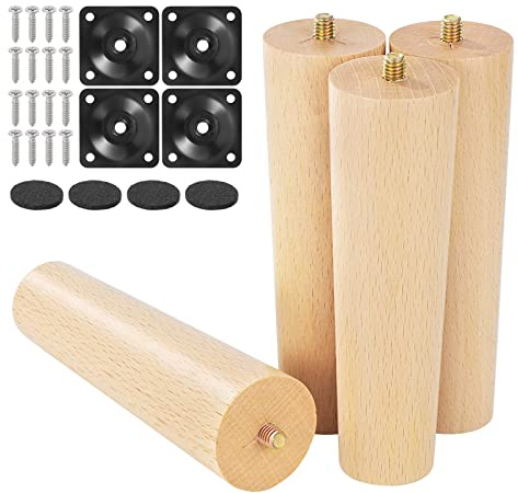 Moendergo 4 Stück 15 cm Holz-Möbelbeine, Ersatzbeine aus massivem Buchenholz, Sofabein, Couch-Bein, Tisch-Kommode, Beine mit Schrauben, Montageplatte und Anti-Rutsch-Schutz (Original-Holz)