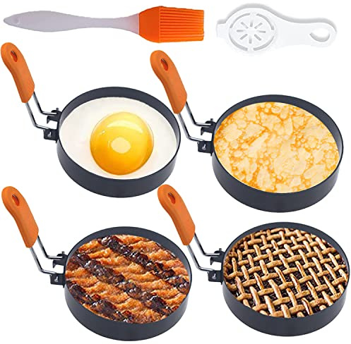 Upgrade 4 Large Egg Rings Set for Griddle,4 Packs Non-stick Stainless Steel Round Egg Ring for Frying Egg Pancake Mold Ring Omelette Ring Shapper for Muffin with 1X Oil Brush & 1X Egg Separator