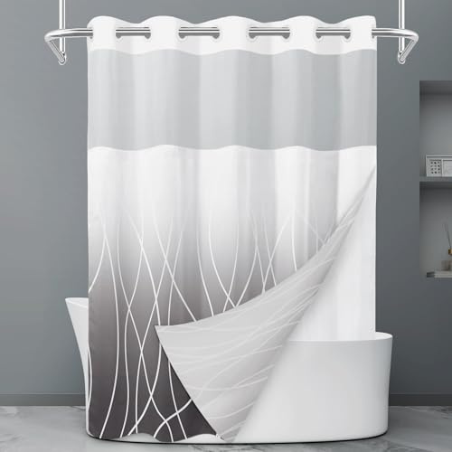 LXBNI Duschvorhang ohne Haken, Ombré-Stil, dunkelgrau gestreift, mit einrastbarem Einsatz, Hotel-Duschvorhang und Liner Set mit durchsichtigem Netzfenster, maschinenwaschbar, 180 x 188 cm