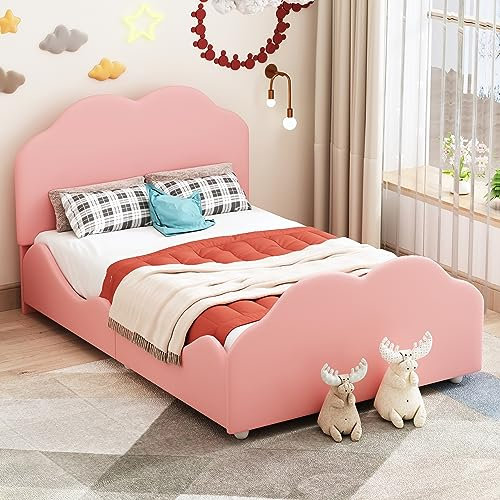 KecDuey Kinderbett 90 x 200 cm Polsterbett hohes Geländer-Kinderbettgestell mit wolkenförmigem Kopf- und Fußteil. Einzelbett in hautfreundlichem (Rosa)