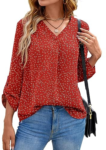 Yommay långärmade tröjor för kvinnor, blus, sommar, elegant, V-ringad, tunika, långtröja, topp, flytande, korta ärmar, chiffongtoppar, Blomma vinröd, 3XL
