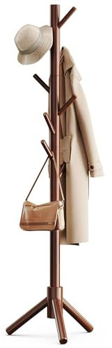 Bayt Garderobenständer 175 cm - Garderobenständer Freistehend mit 3 Verstellbaren Größen - Garderobe in Baumform mit 8 Haken - Kleiderständer Holz Braun