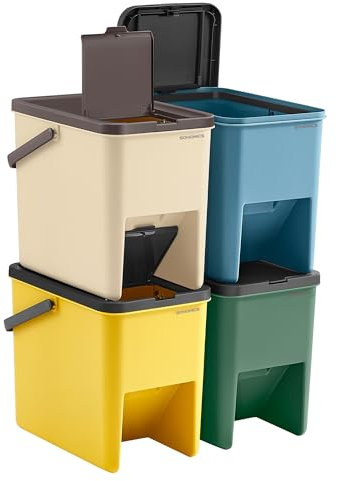 SONGMICS Cestino da Cucina Raccolta Differenziata, Set di 4 Pattumiere Impilabili 20L, Smaltimento Rifiuti, Coperchi a Pressione, Adesivi, Contenitori, Giallo, Blu, Beige e Verde LTB760Q01