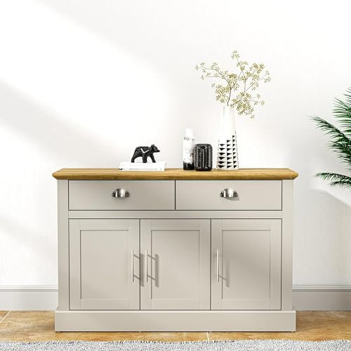 Galano Sofia Sideboard mit 3 Türen und 2 Schubladen – Buffetschrank für Wohnzimmer – 39,5T x 112,8B x 74,1H cm – Hellgrau/Eiche