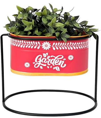 DanDiBo Blumenhocker mit Topf Metall Stehend Rot Oval 24 cm Blumenständer 96526 S Blumensäule Modern Pflanzenständer Pflanzgefäß