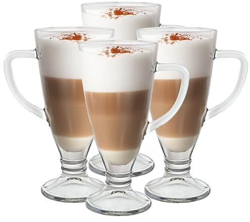 Premier Housewares Curved Handle Set Of Four Latte Glasses | Elegant Tapered Design Coffee Cups Glasses | Sturdy And Leak Proof Glass Coffee Mugs | Versatile Latte Mugs