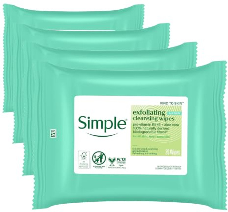 Simple biodegradable Exfoliating Face Wipes cleansing wipes to smooth skin and unclog pores for sensitive skin 20 wipes (Pack of 4)