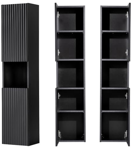 Lomadox Badezimmer Hochschrank schwarz gerillte Front Seitenschrank Badschrank 2-türig Regal B/H/T ca. 30/140/30 cm