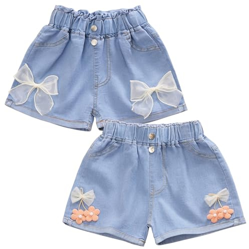 L SERVER Short en Jean Fille Short en Coton Enfant Décontracté Short en Denim 2 Pièces Shorts pour Eté, Bleu A (2Pcs), 4-5 Ans
