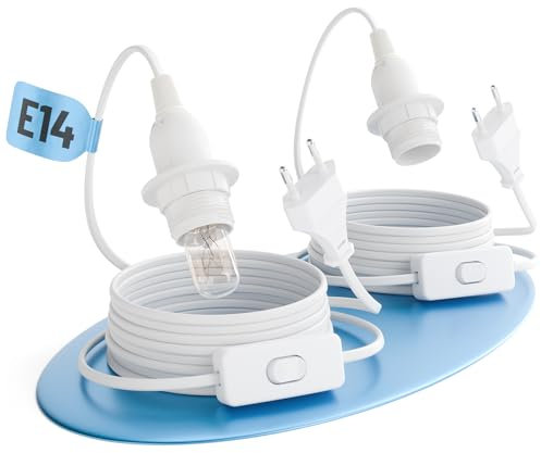 greate 2x Douille E14 avec câble et interrupteur blanc 3,5 mètres - Douille pour lampe avec prise max. 60W 250V - cable lampe de chevet, douille lampe de chevet, douille ampoule, support de lampe